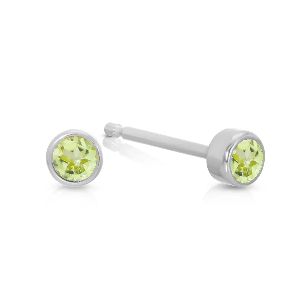 A pair of Birthstone Studs - Peridot (August) in white gold on a white background.