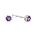 A pair of Birthstone Studs - Amethyst (February) in white gold on a white background.