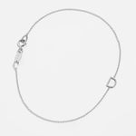 A white gold bracelet with an D letter charm on a white background. 