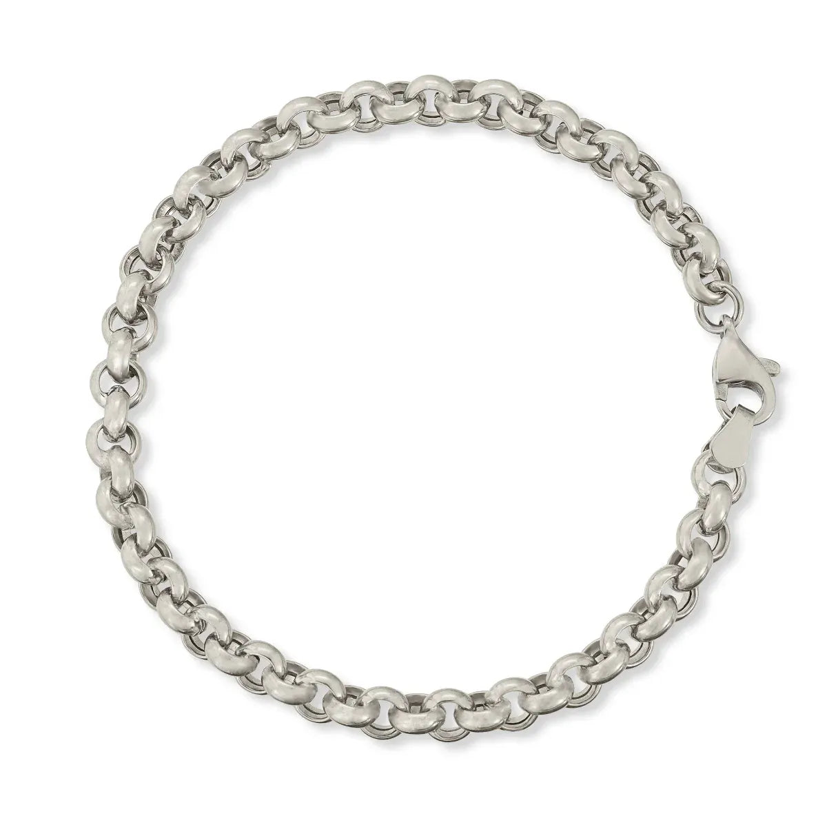 A Rolo Bracelet in white gold on a white background. 