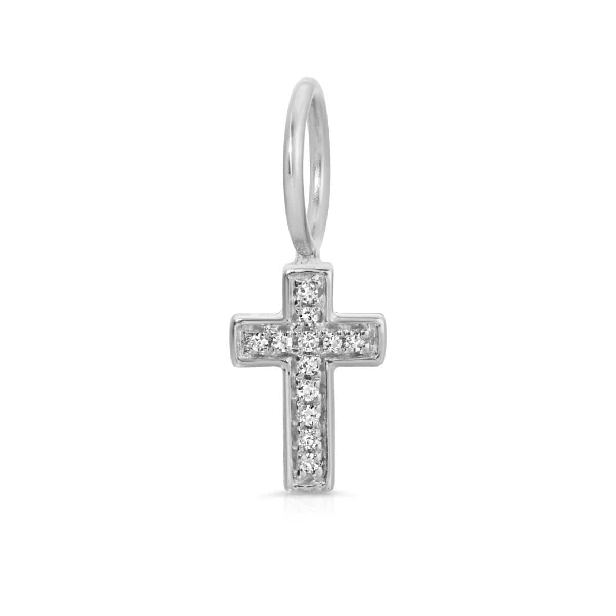 A white gold Pave Cross Charm Pendant on a white background. 