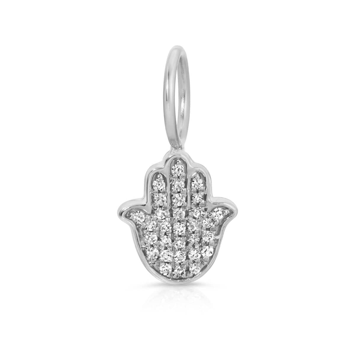 A white gold Pave Hamsa Charm Pendant on a white background. 