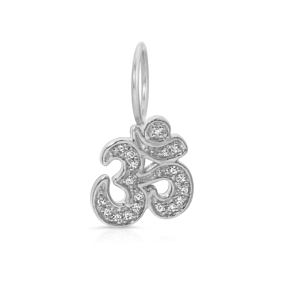 A white gold Pave Om Charm Pendant on a white background. 