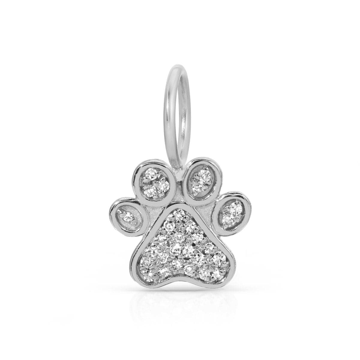 A white gold Pave Paw Charm Pendant on a white background. 