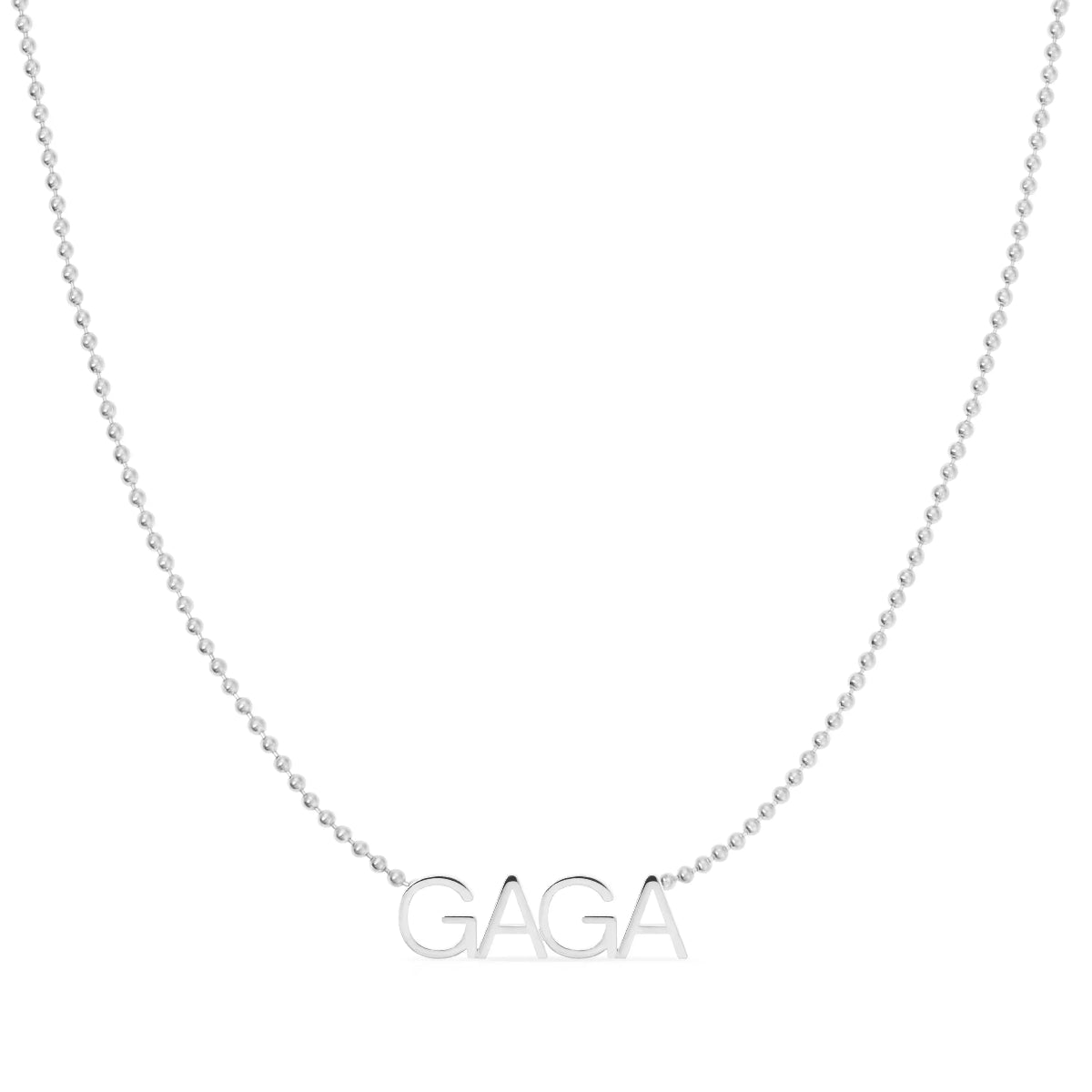 A GAGA Necklace in white gold on a bead chain on a white background.