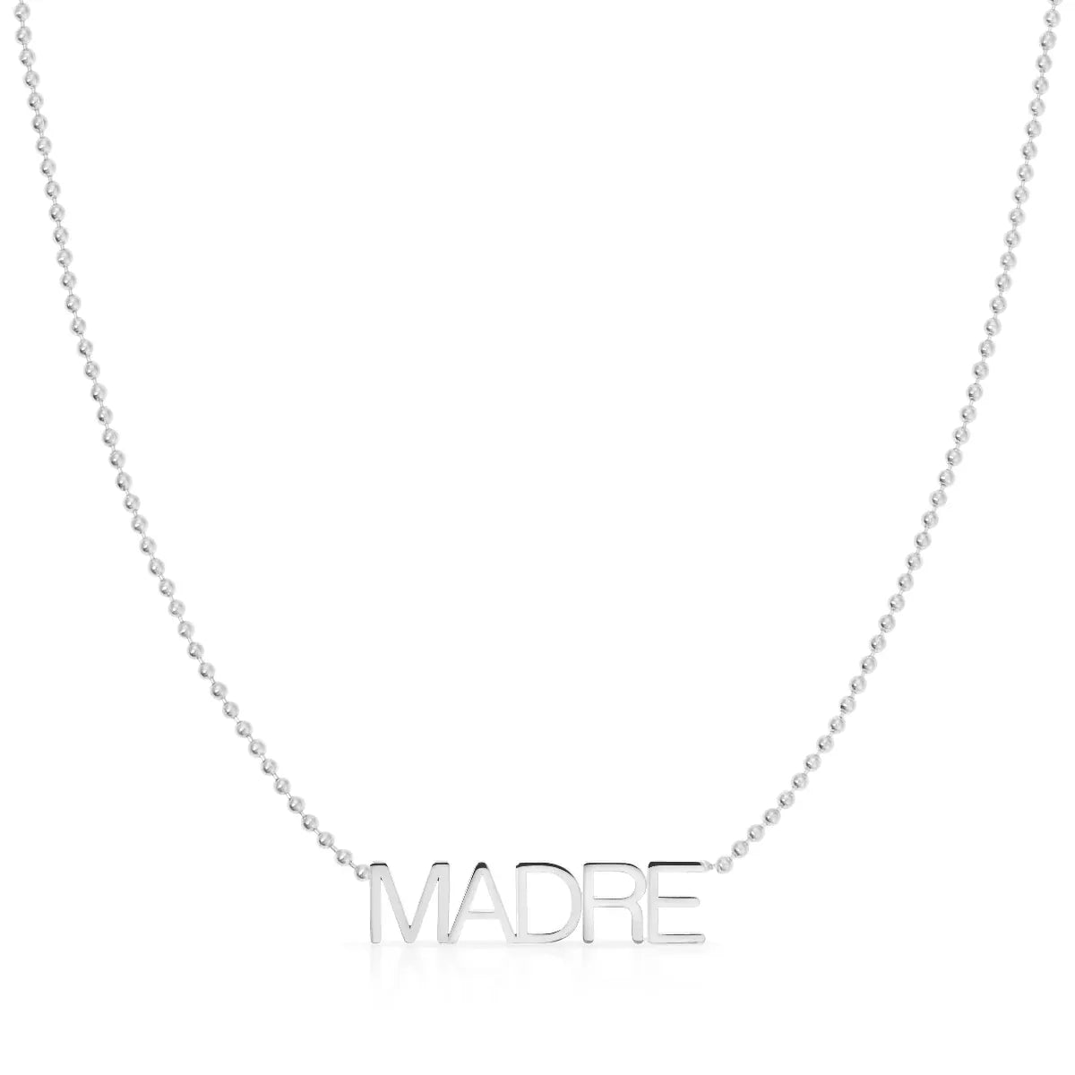 A Madre Necklace in white gold on a bead chain on a white background.