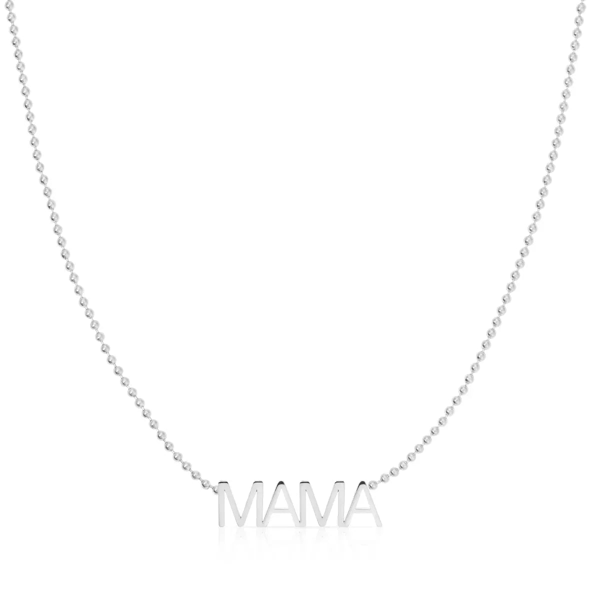 A MAMA Necklace in white gold with a bead chain on a white background. 