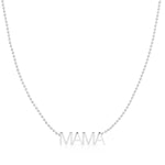 A MAMA Necklace in white gold with a bead chain on a white background. 