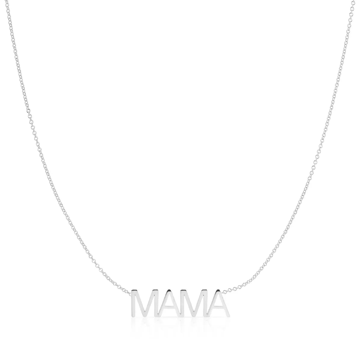 A MAMA Necklace in white gold with a cable chain on a white background. 