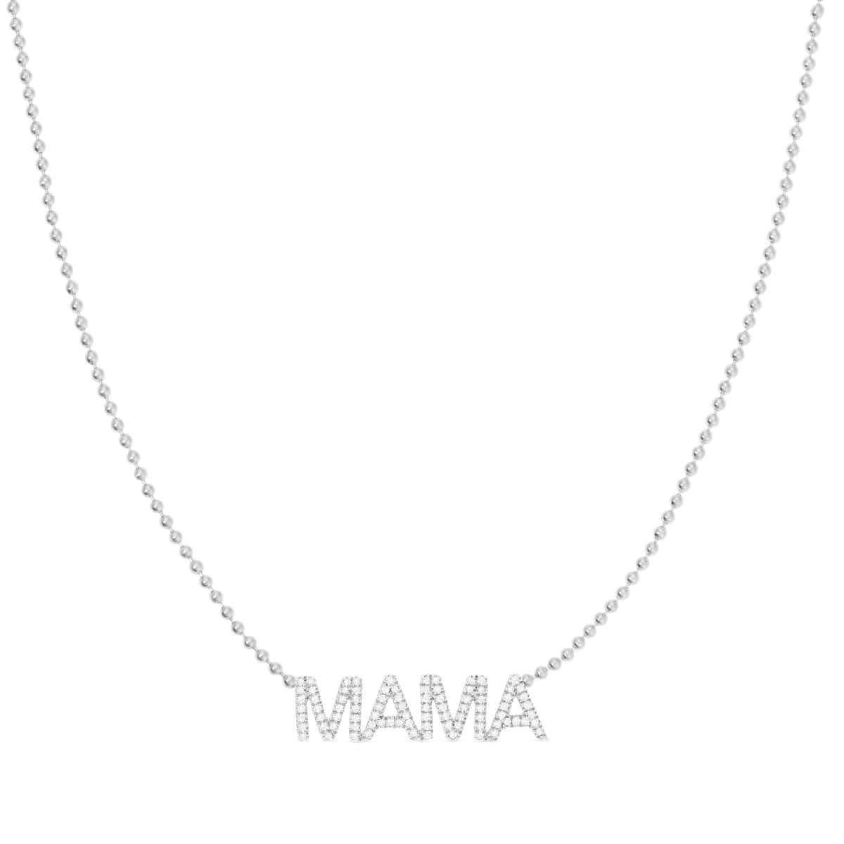 A Pavé Mama Necklace in white gold with a beaded chain on a white background. 