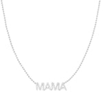 A Pavé Mama Necklace in white gold with a beaded chain on a white background. 