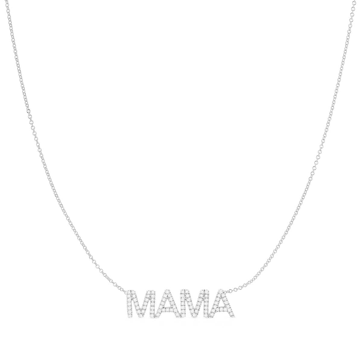 A Pavé MAMA Necklace in white gold on a cable chain on a white background. 