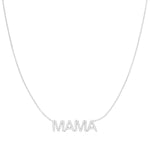 A Pavé MAMA Necklace in white gold on a cable chain on a white background. 