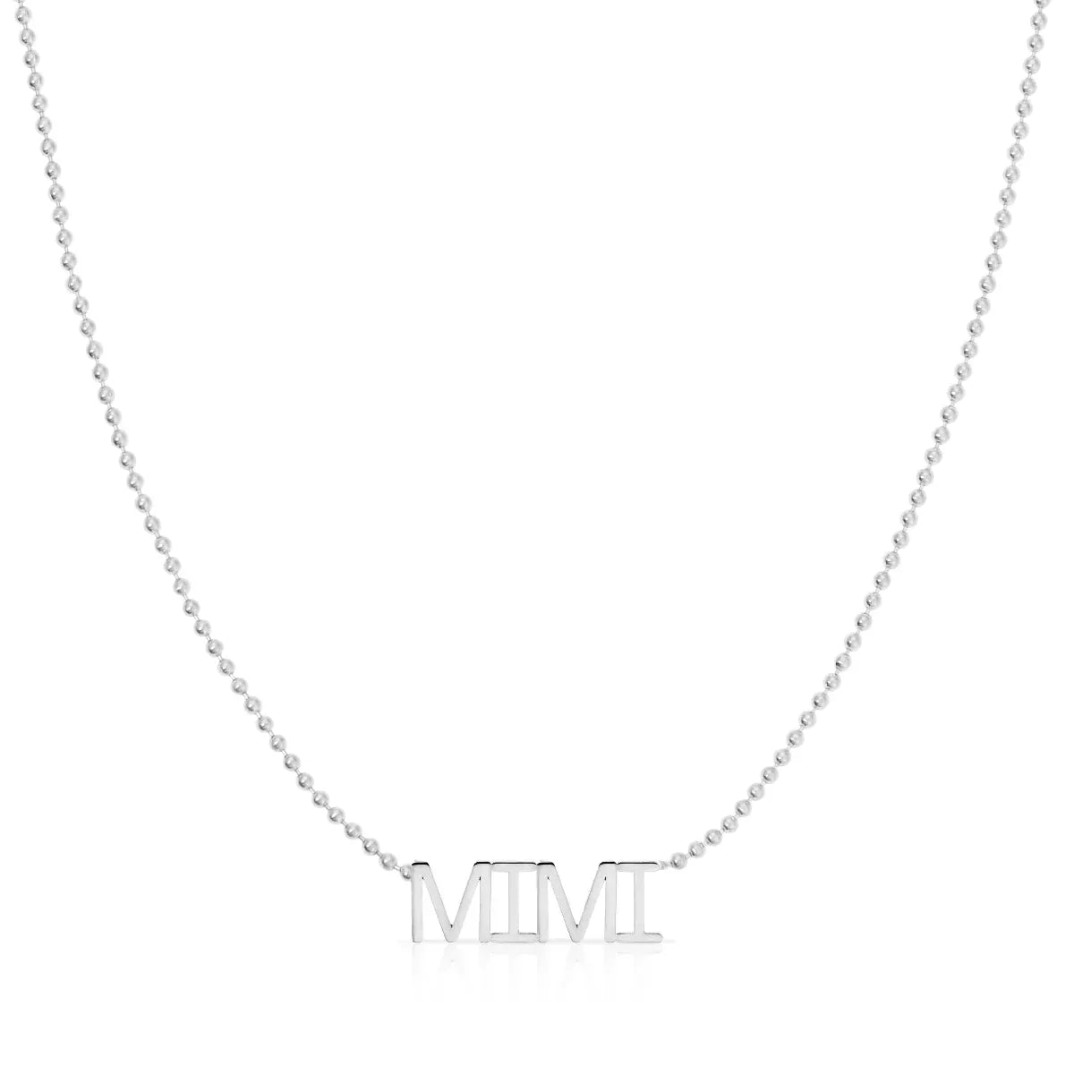 A MIMI Necklace in white gold on a bead chain on a white background.