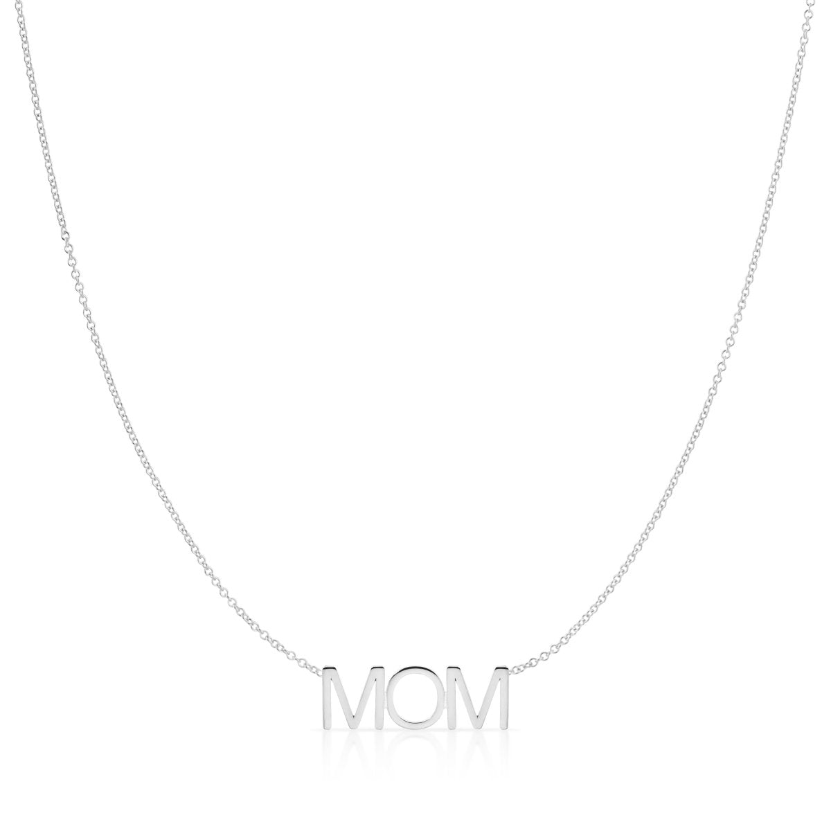 A MOM Necklace in white gold on a cable chain on a white background. 