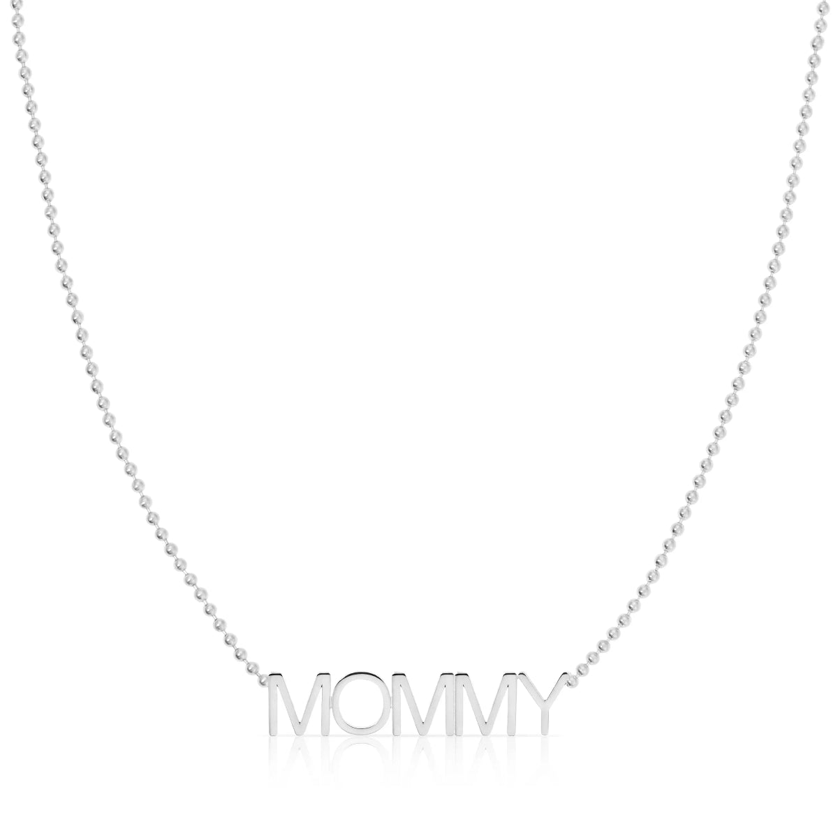 A MOMMY Necklace in white gold on a bead chain on a white background.