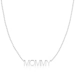 A MOMMY Necklace in white gold on a bead chain on a white background.