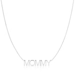 A MOMMY Necklace in white gold on a cable chain on a white background. 