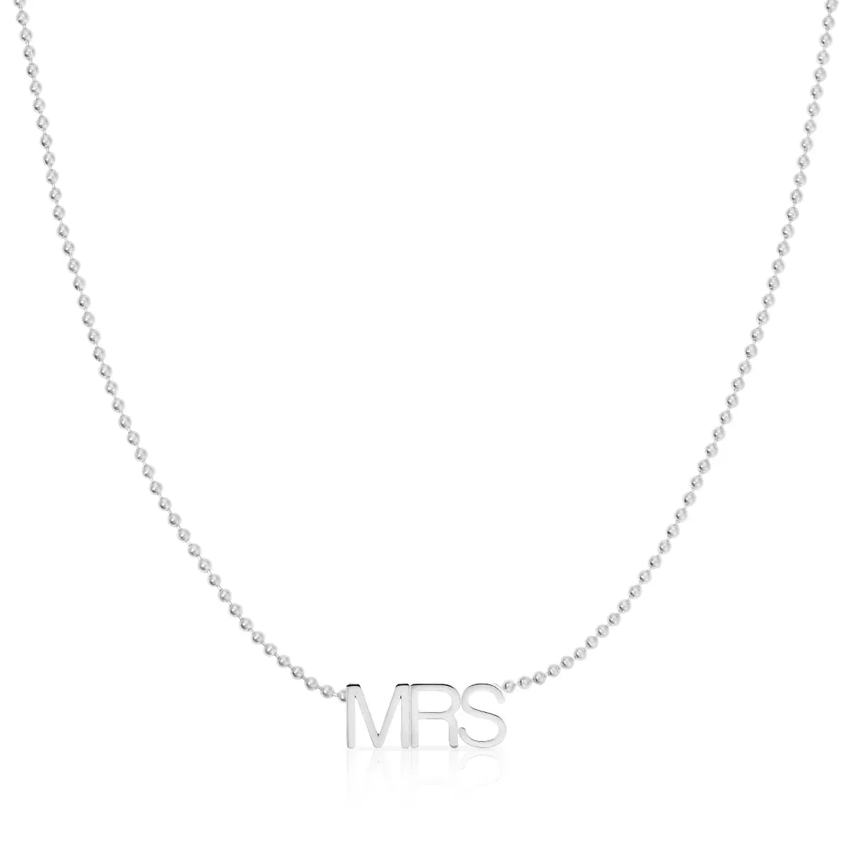 A MRS Necklace in white gold on a beaded chain on a white background. 