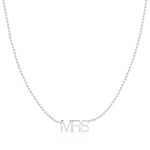 A MRS Necklace in white gold on a beaded chain on a white background. 