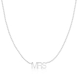 A MRS Necklace in white gold on a beaded chain on a white background. 