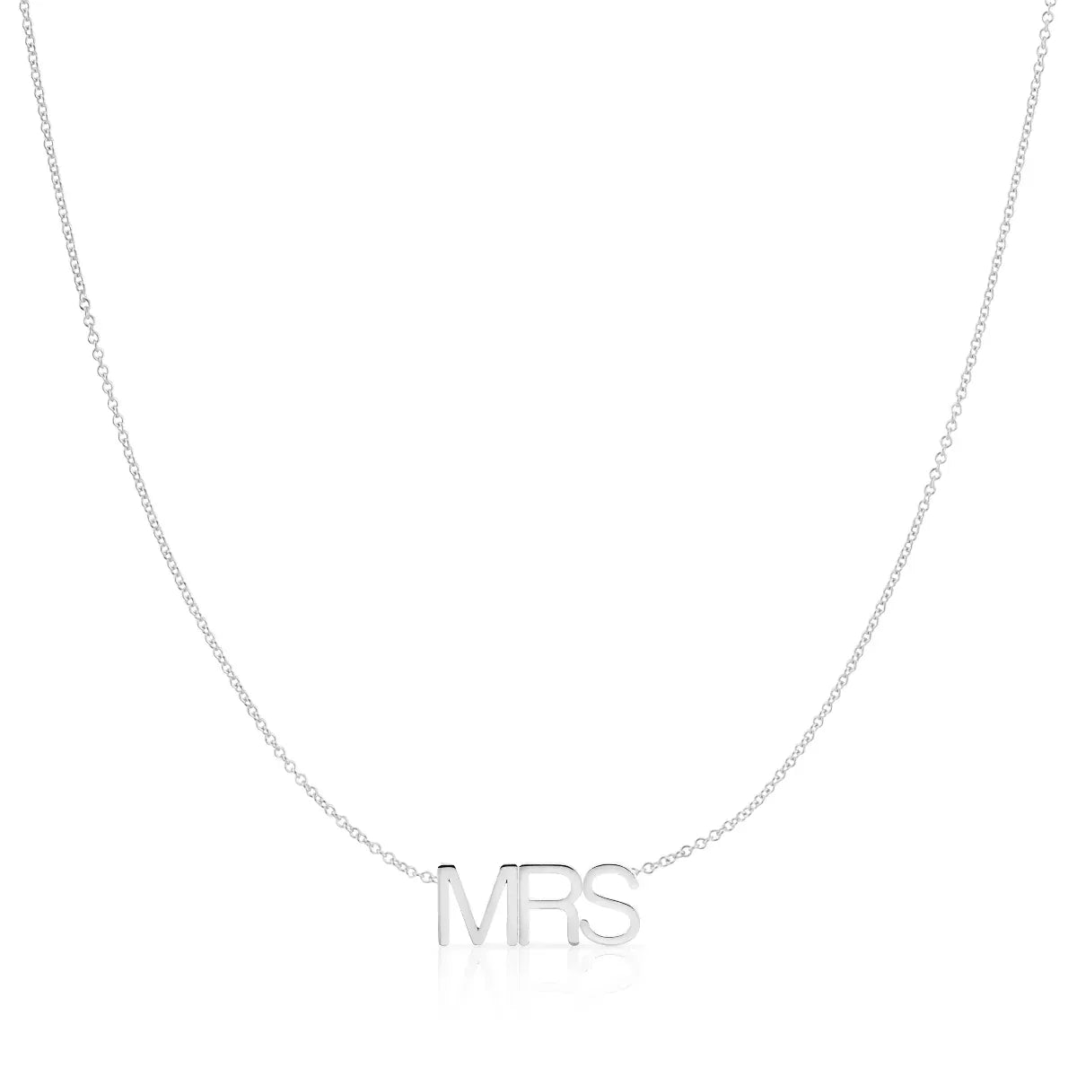 A MRS Necklace in white gold on a cable chain on a white background. 