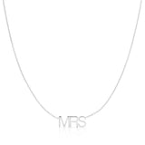 A MRS Necklace in white gold on a cable chain on a white background. 