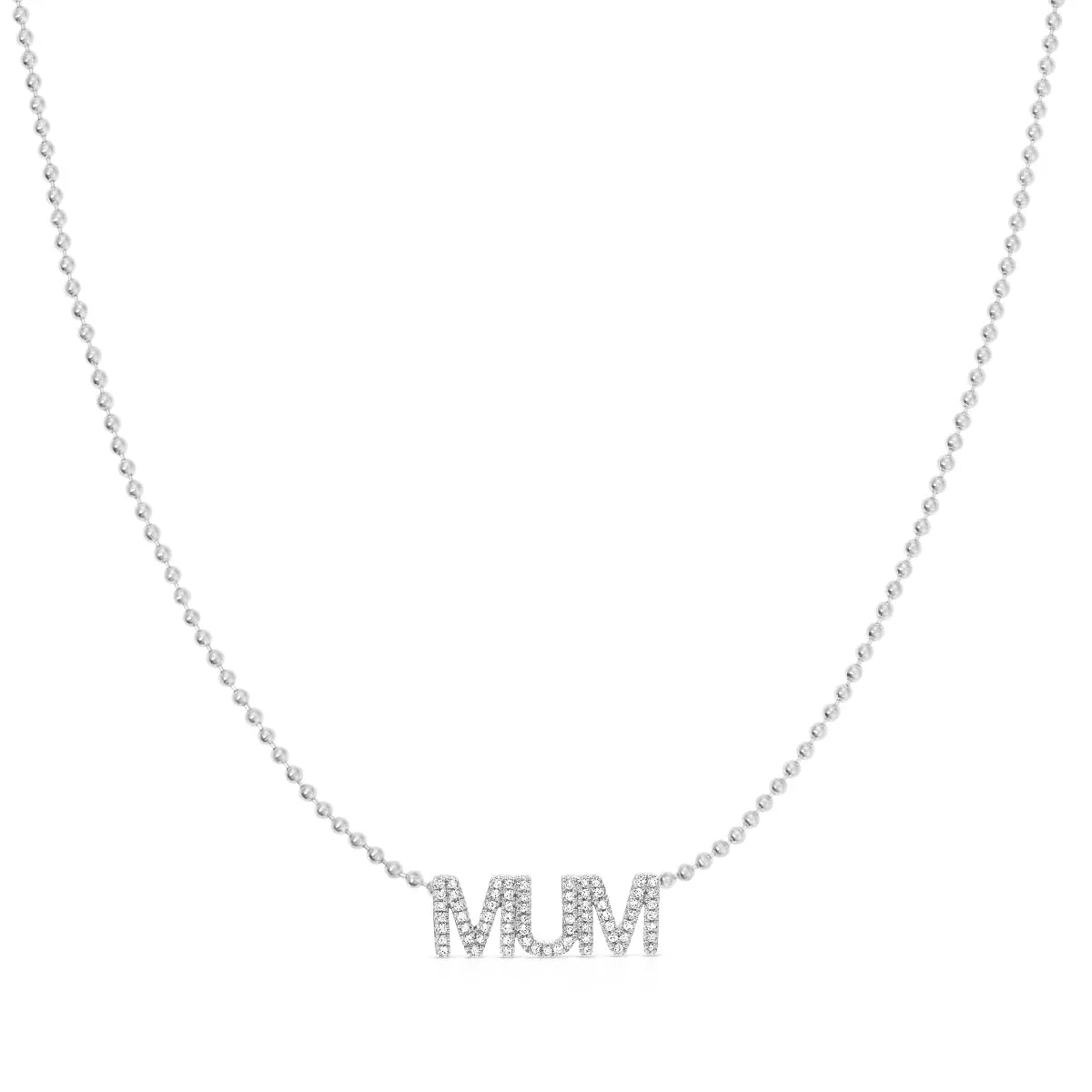 A Pavé MUM Necklace in white gold on a bead chain on a white background. 