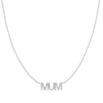 A Pavé MUM Necklace in white gold on a bead chain on a white background. 