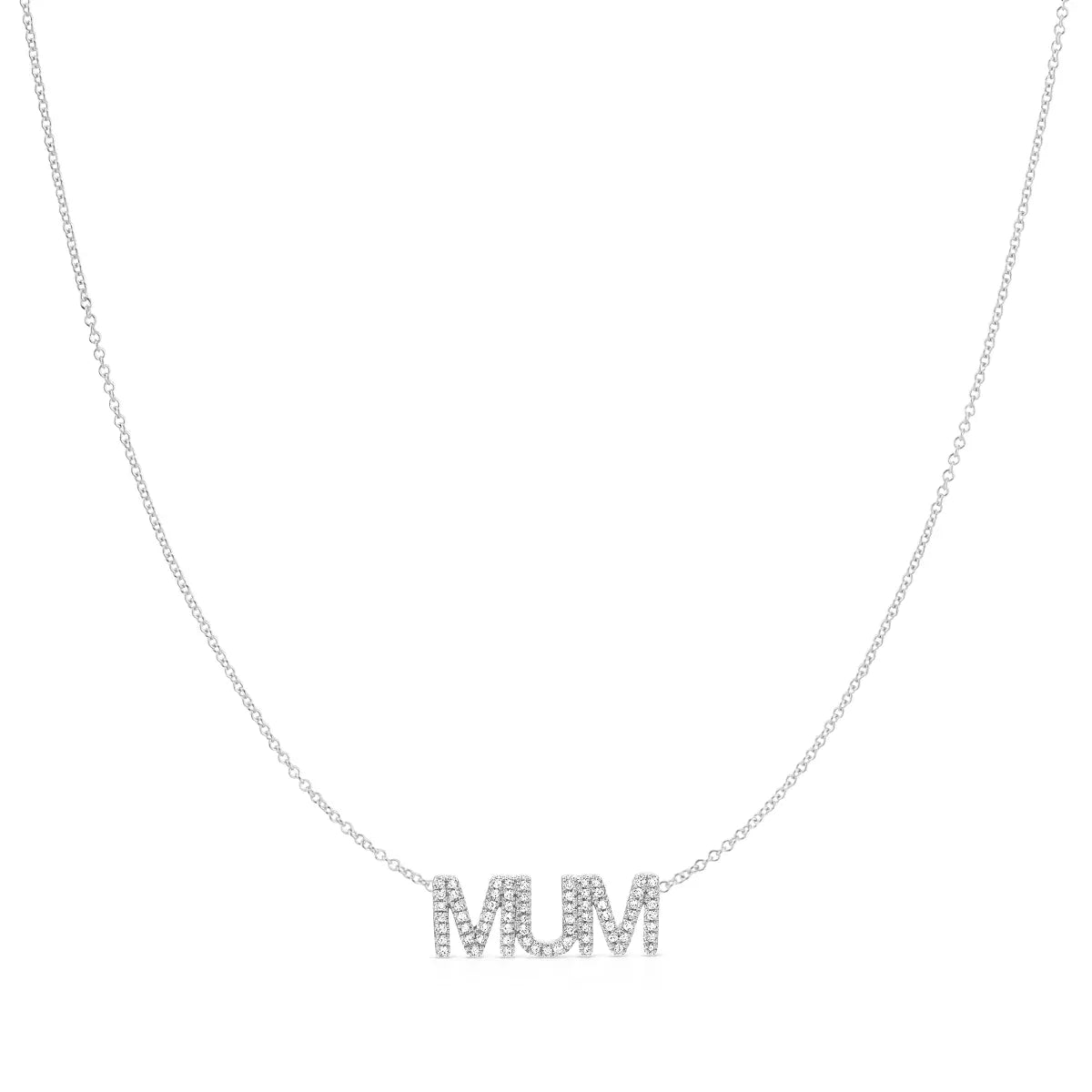 A Pavé MUM Necklace in white gold on a cable chain on a white background. 