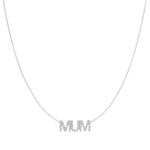 A Pavé MUM Necklace in white gold on a cable chain on a white background. 