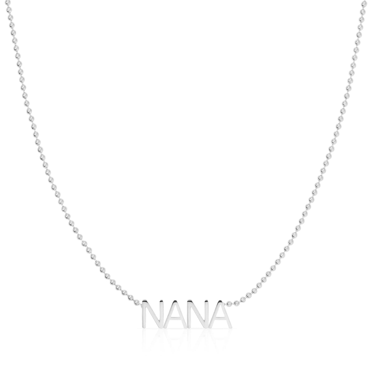 A NANA Necklace in white gold on a bead chain on a white background.