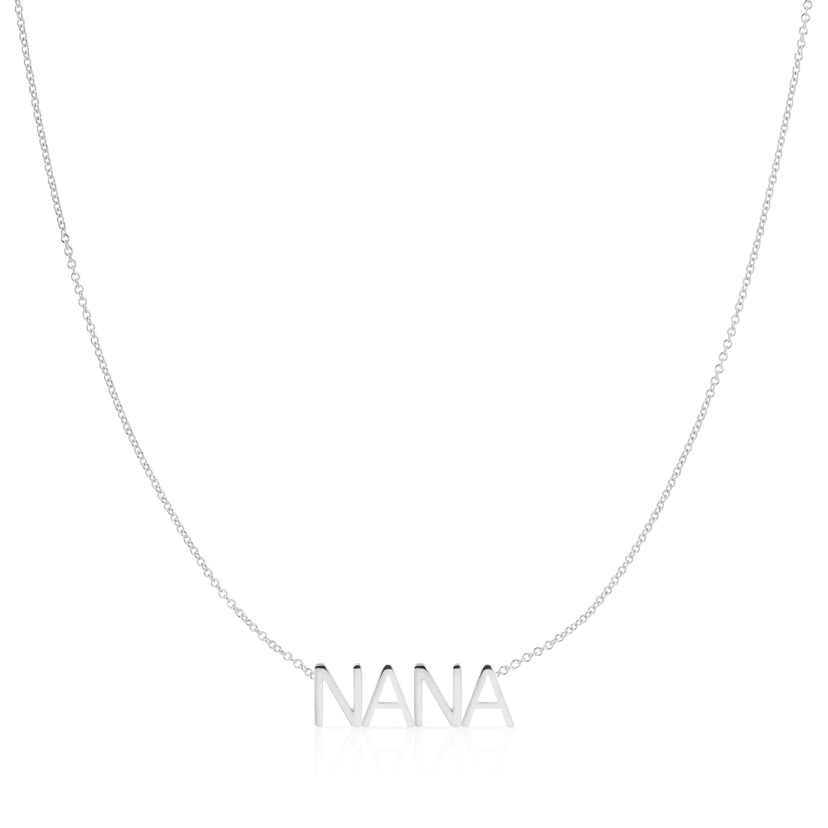 A NANA Necklace in white gold on a cable chain on a white background.
