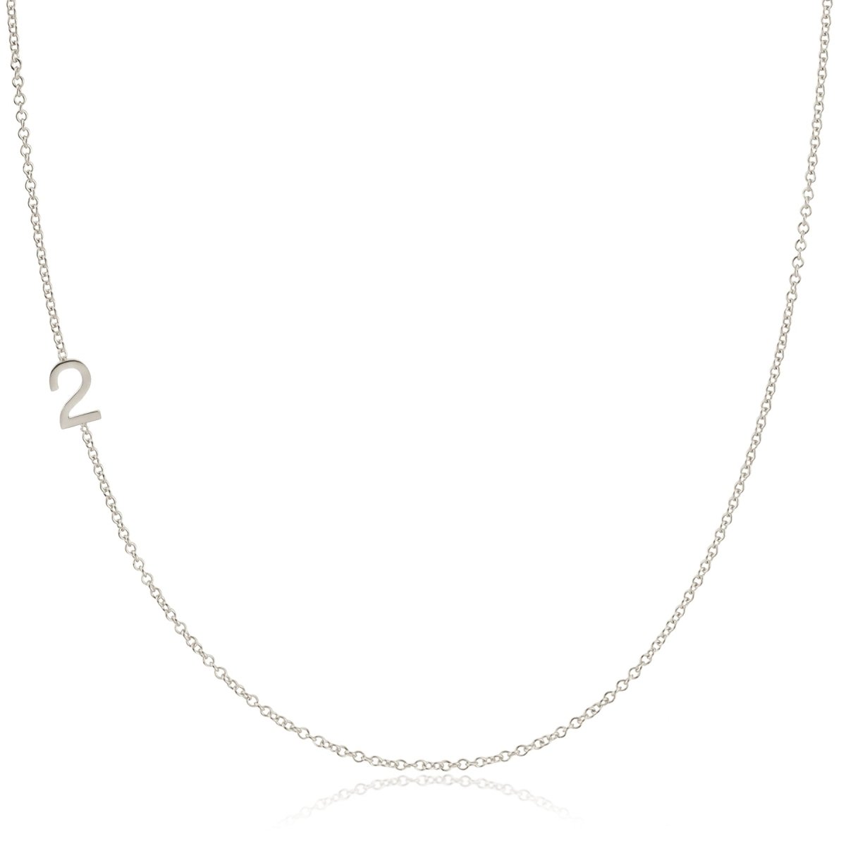 A white gold 14k Gold Asymmetrical Number Necklace - 2 on a white background. 