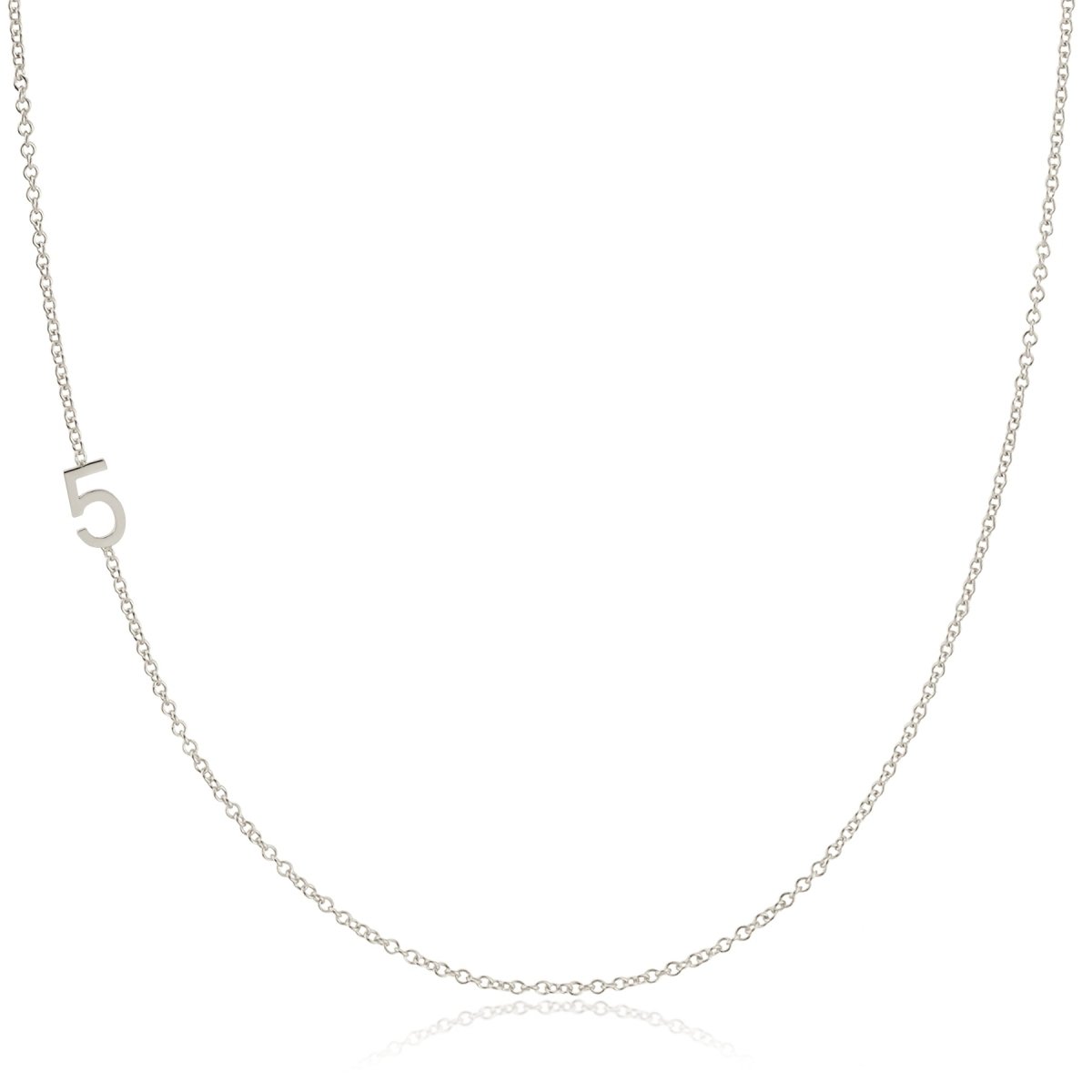 A white gold 14k Gold Asymmetrical Number Necklace - 5 on a white background. 