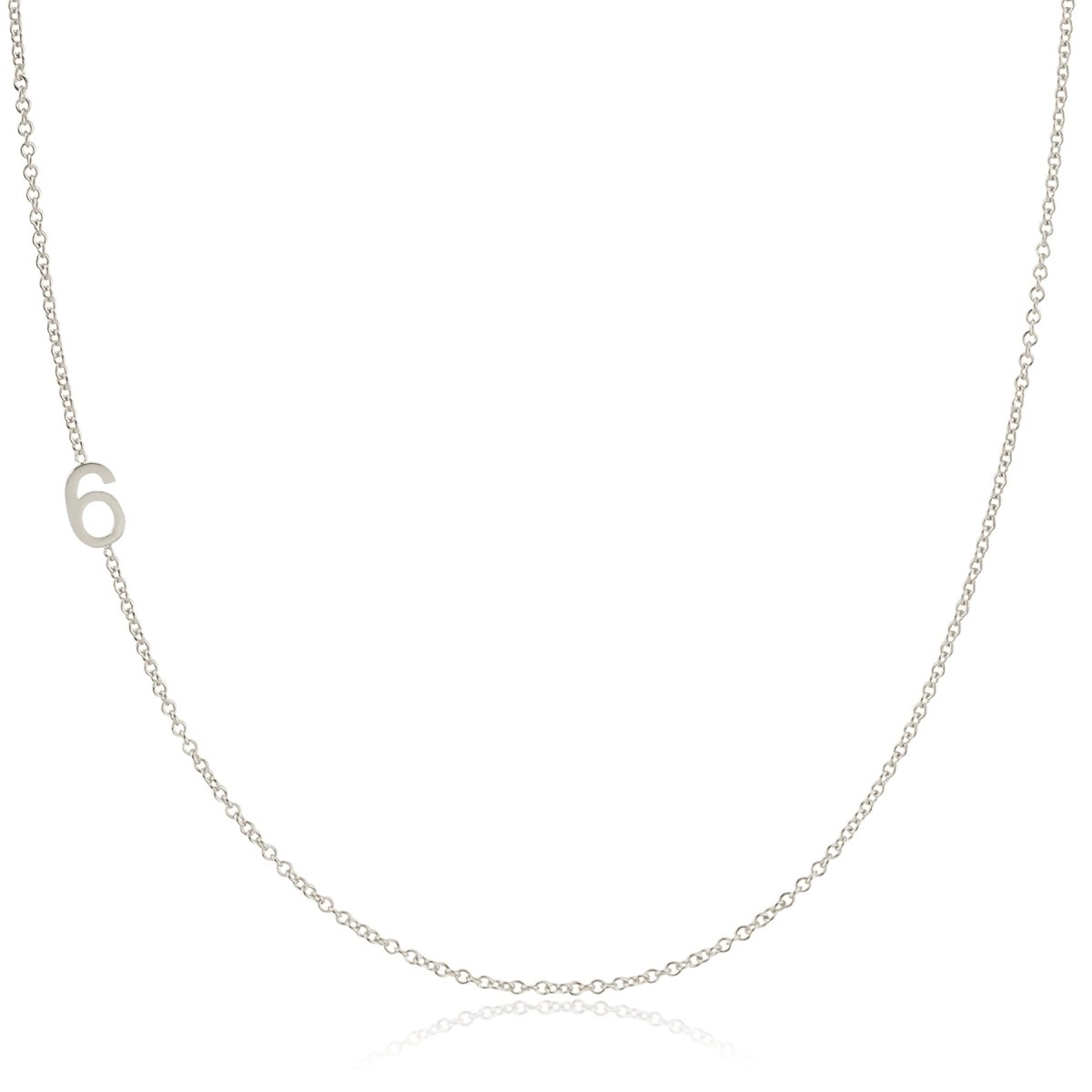 A white gold 14k Gold Asymmetrical Number Necklace - 6 on a white background. 