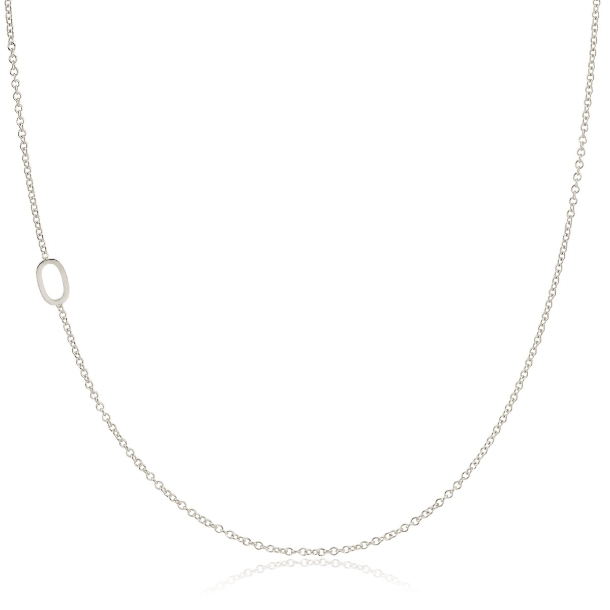 A 14k Gold Asymmetrical Number Necklace - 0 in white gold on a white background. 