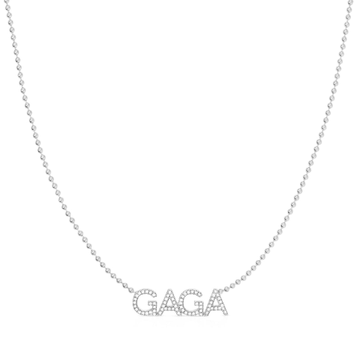 A Pavé 'GAGA' Necklace in white gold on a bead chain on a white background.
