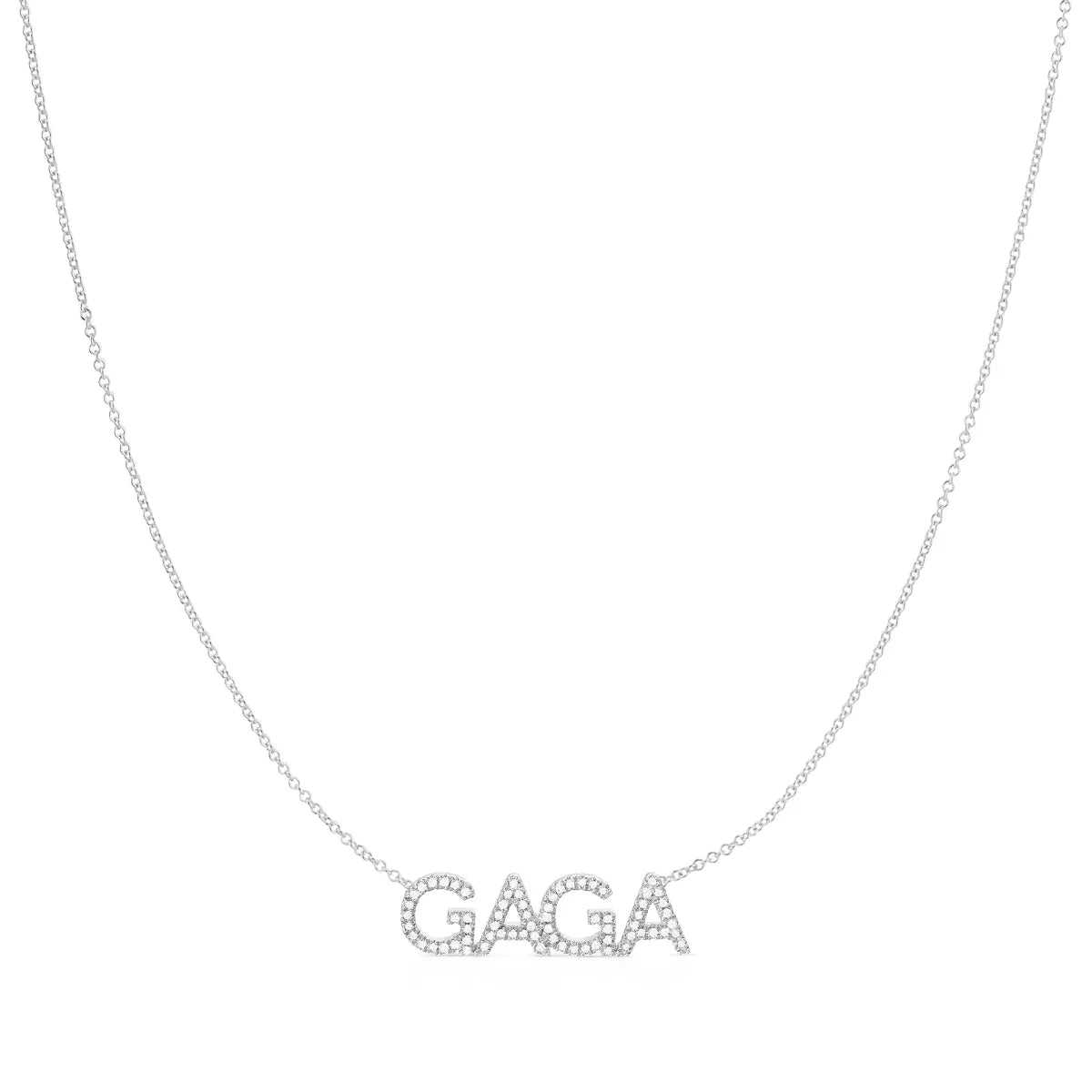 A Pavé 'GAGA' Necklace in white gold on a cable chain on a white background.