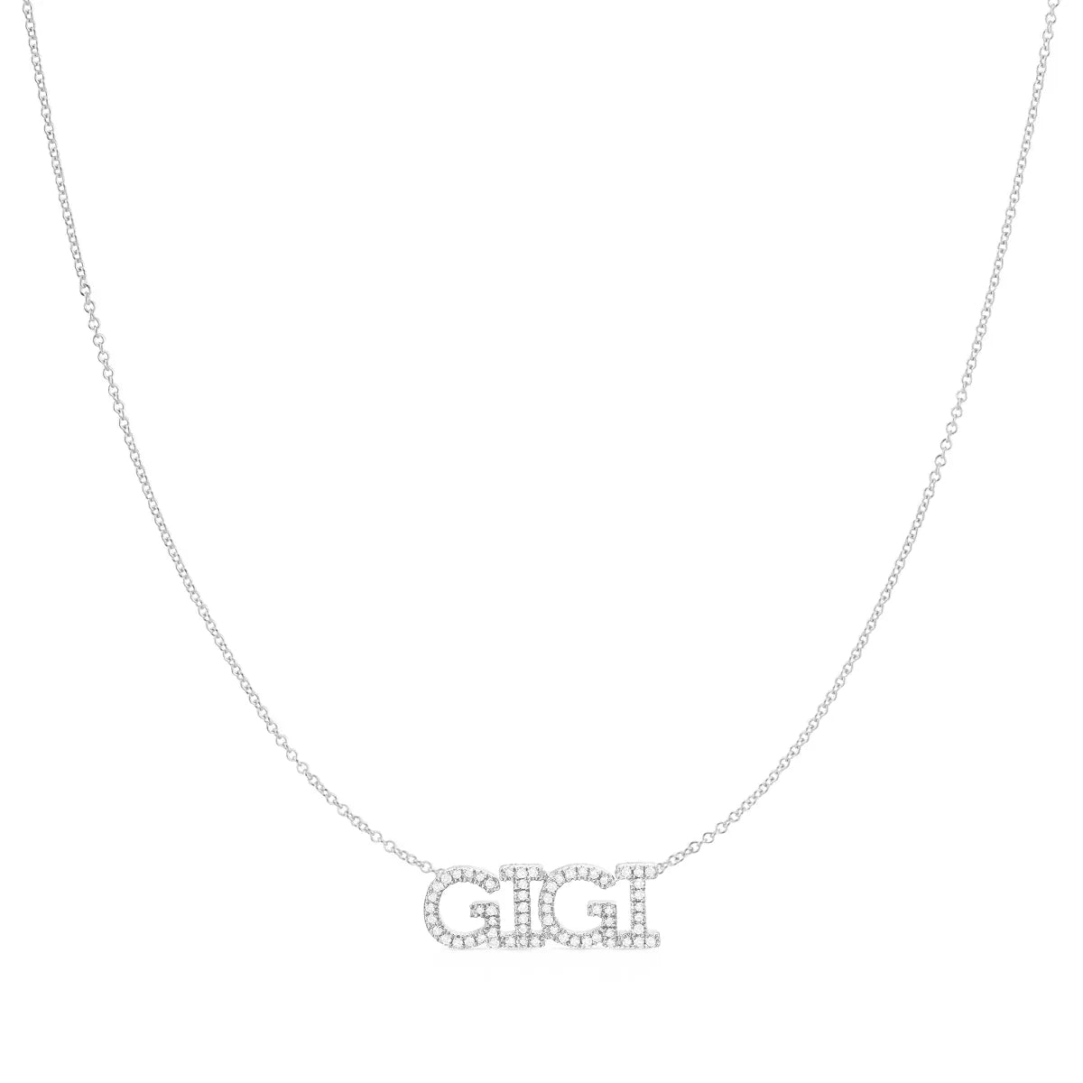 A Pavé 'GIGI' Necklace in white gold on a bead chain on a white background.