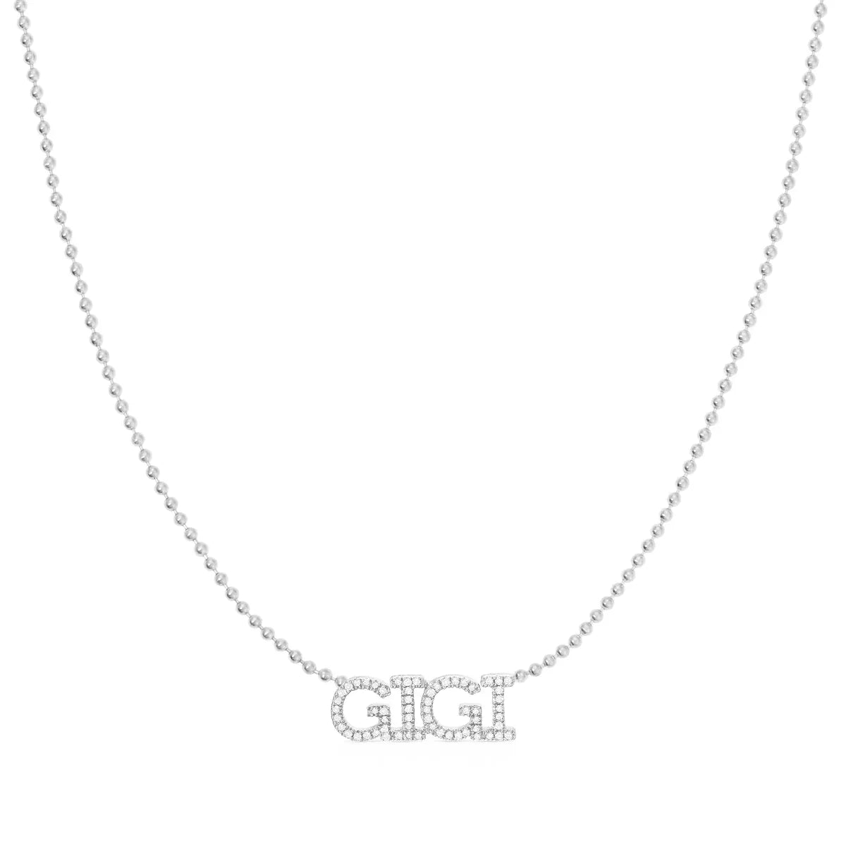 A Pavé 'GIGI' Necklace in white gold on a cable chain on a white background.