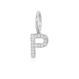 A white gold Pavé Letter Charm in P on a white background.