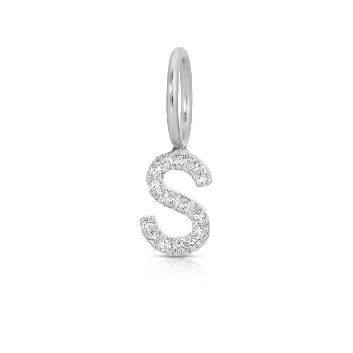 A white gold Pavé Letter Charm in S on a white background.