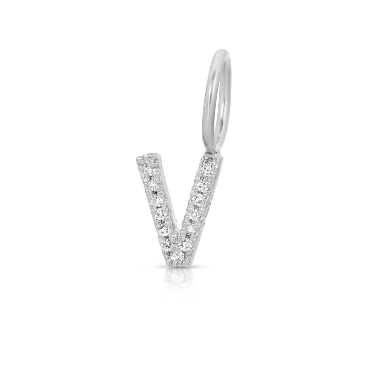 A white gold Pavé Letter Charm in V on a white background.