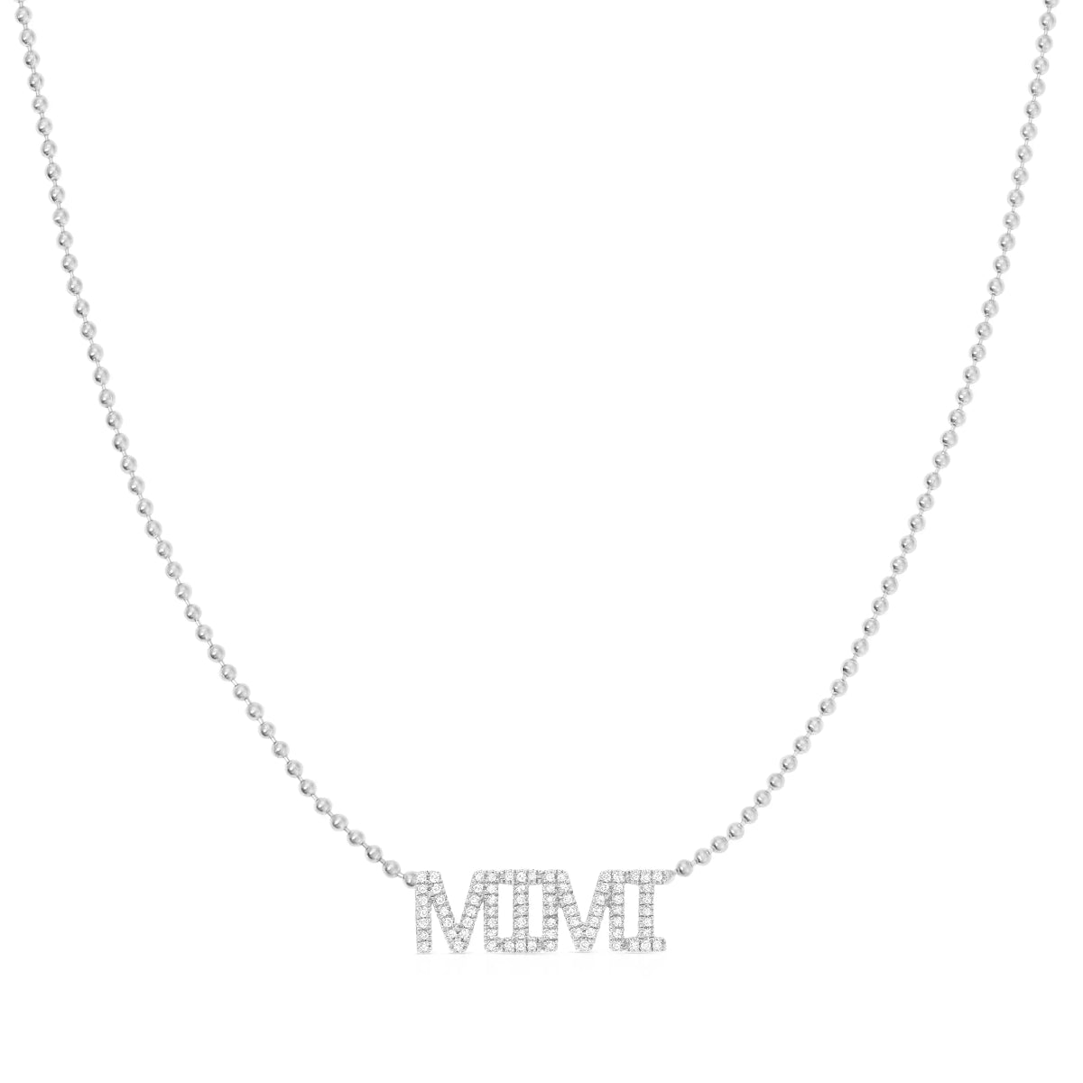 A Pavé MIMI Necklace in white gold on a bead chain on a white background.