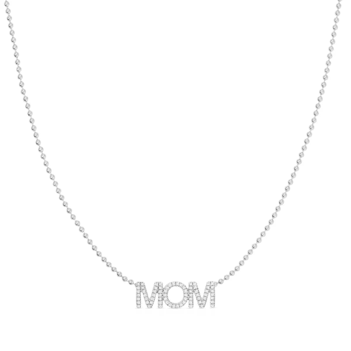A Pavé MOM Necklace in white gold on a bead chain on a white background. 