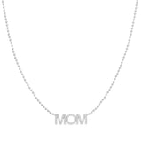 A Pavé MOM Necklace in white gold on a bead chain on a white background. 