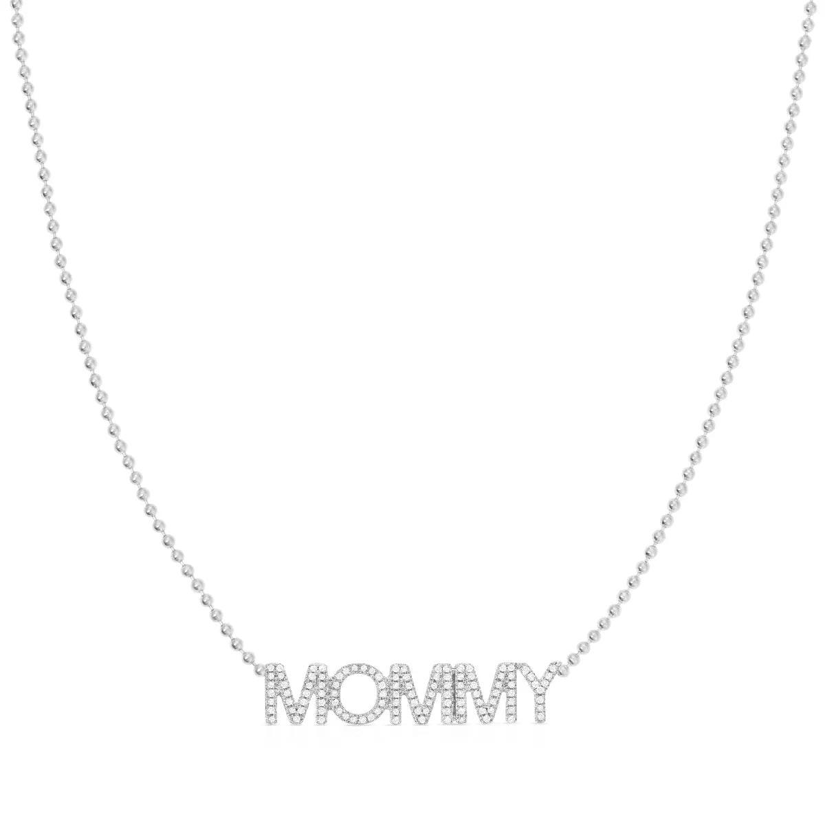 A Pavé MOMMY Necklace in white gold on a bead chain on a white background. 