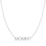 A Pavé MOMMY Necklace in white gold on a bead chain on a white background. 