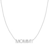 A Pavé MOMMY Necklace in white gold on a bead chain on a white background. 